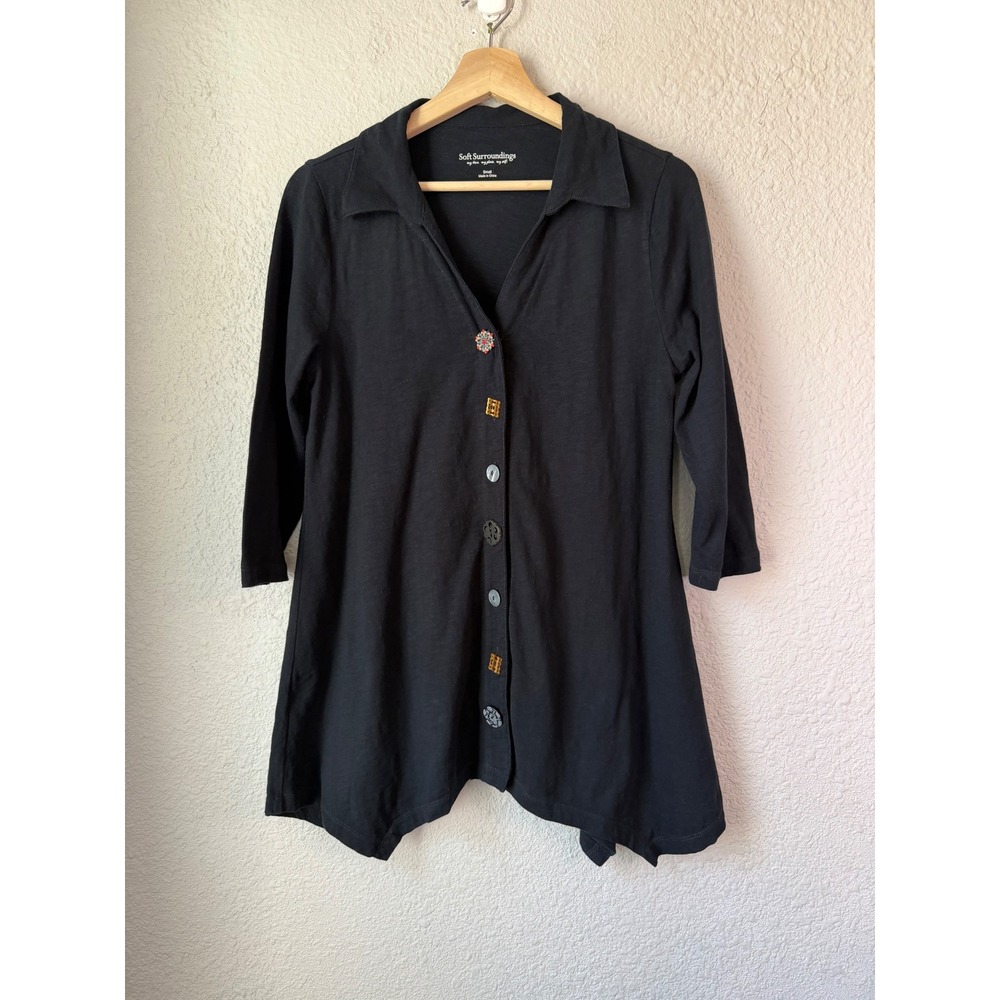 Soft Surroundings Danielle Button Black Slub Cotton Sharkbite Tunic S